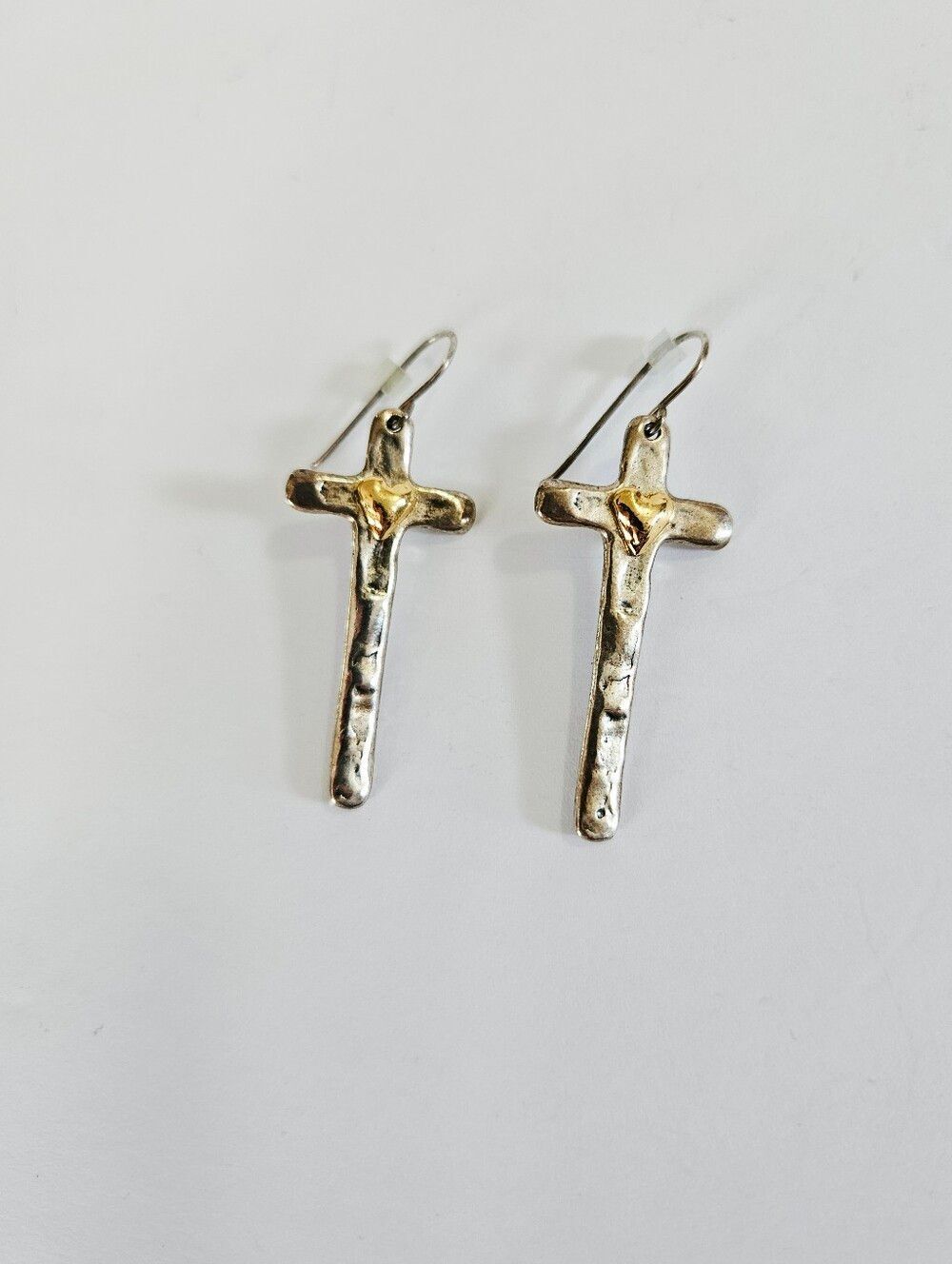 PZ Israel 14K Yellow Gold On Sterling Silver Hammered Heart Dangle Cross Earring